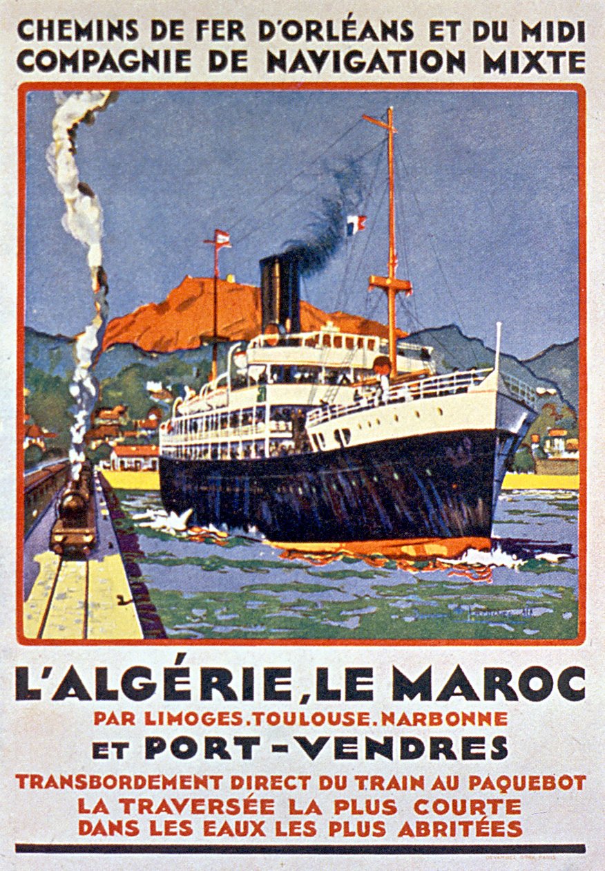 Plakat reklamowy francuskiej kolei jadącej do Algierii i Maroka z Francji przez Limoges, Tuluzę, Narbonne i Port Vendres ok. 1900 r. autorstwa Bernard Lachevre