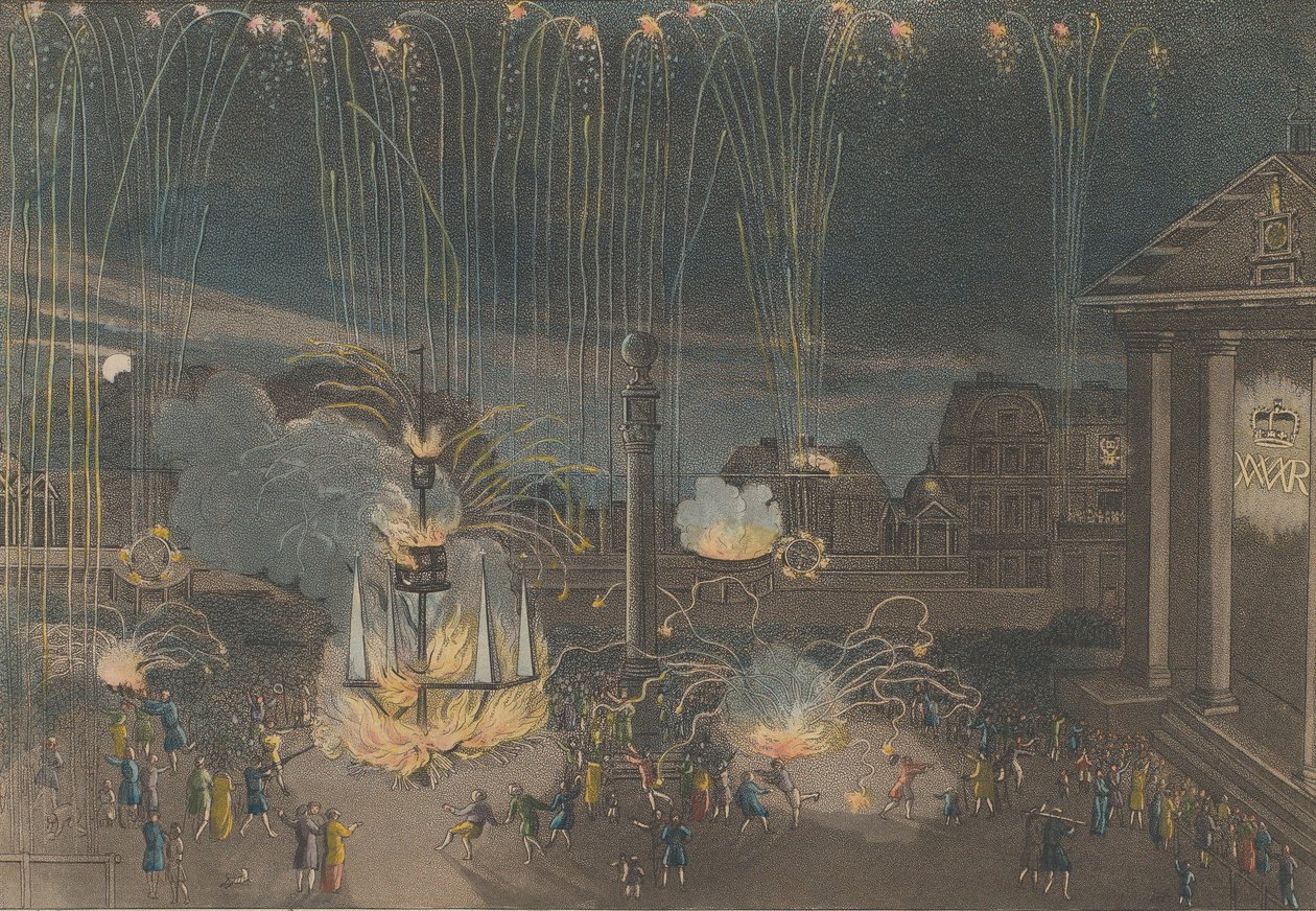 Doskonały opis fajerwerków w Covent Garden, które zostały wykonane pod szarżą..., 1809. autorstwa Bernard Lens