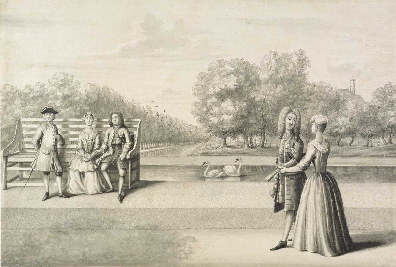 Figurki na brzegu Long Water, Pałac Hampton Court (szary wash długopisem i tuszem na ołówku na papierze) autorstwa Bernard Lens