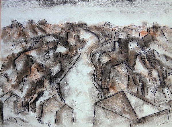 A Quiet Street (kolorowa kreda wash z niebieskim tuszem) autorstwa Bernard Meninsky