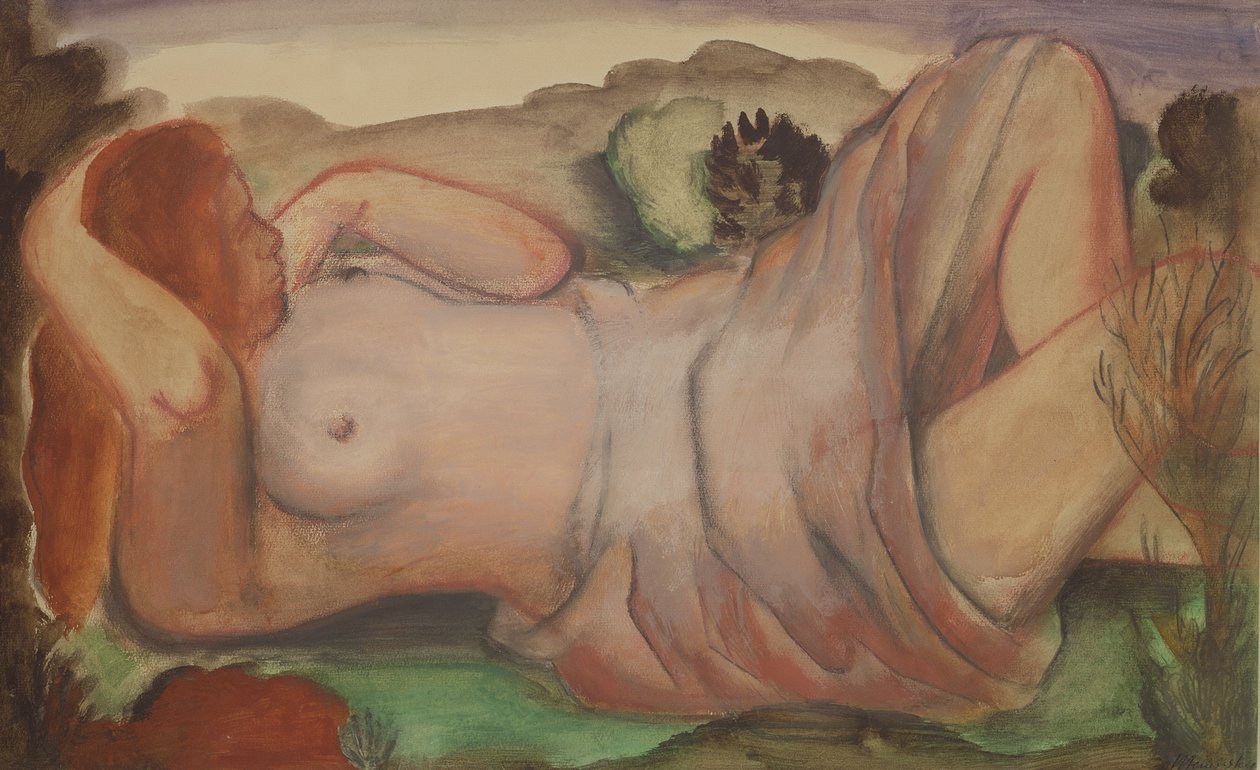 Leżący akt w krajobrazie, ok. 1940 (gwasz, akwarela i ołówek) autorstwa Bernard Meninsky