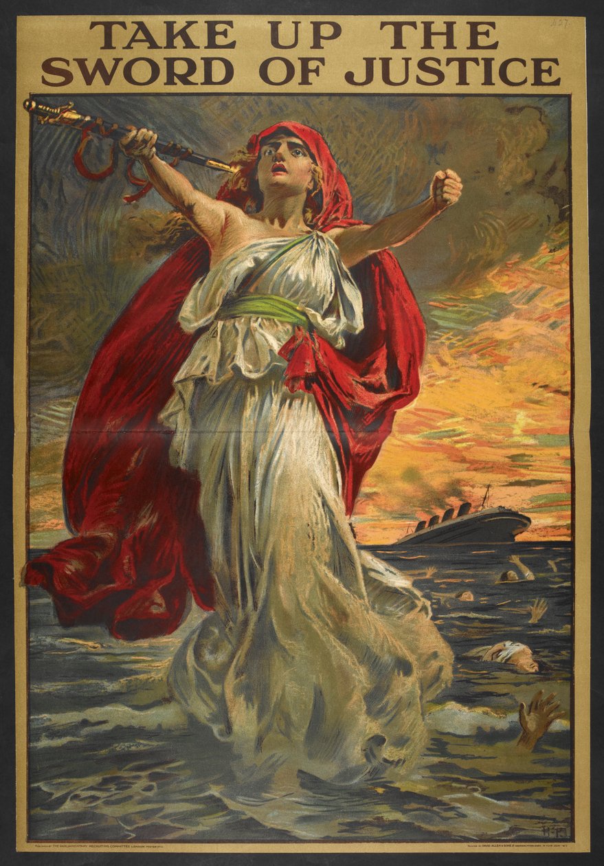 "Podnieś miecz sprawiedliwości" - plakat propagandowy przedstawiający ludzi tonących po ataku na ich statek. Postać kobieca trzymająca miecz. autorstwa Bernard Partridge