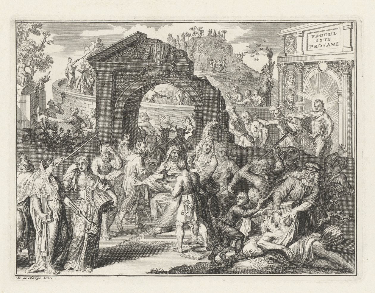 Karykatura kontrowersji Schouwburg, c. 1685 autorstwa Bernard Picart (attributed to)