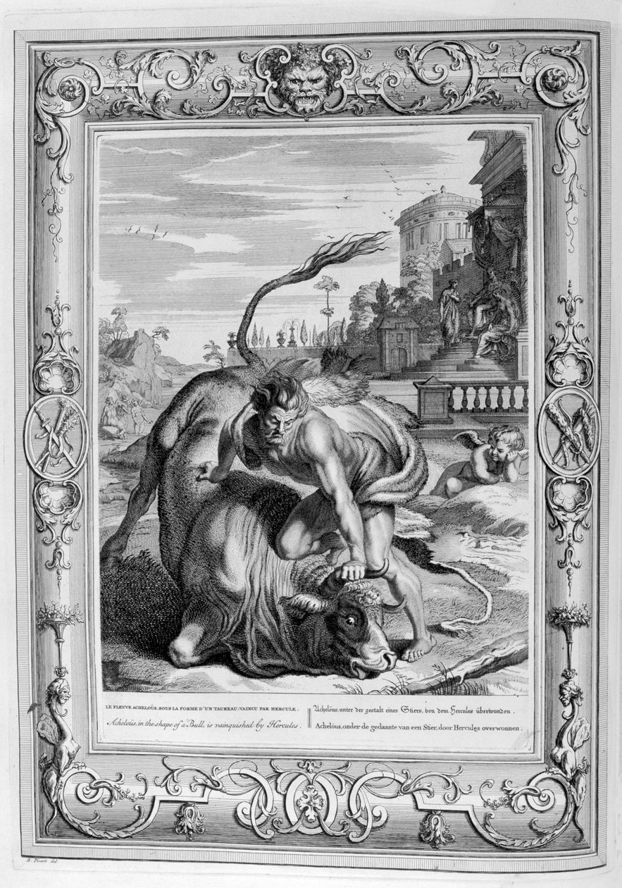 Achelos w kształcie byka zostaje pokonany przez Herkulesa, 1733 autorstwa Bernard Picart