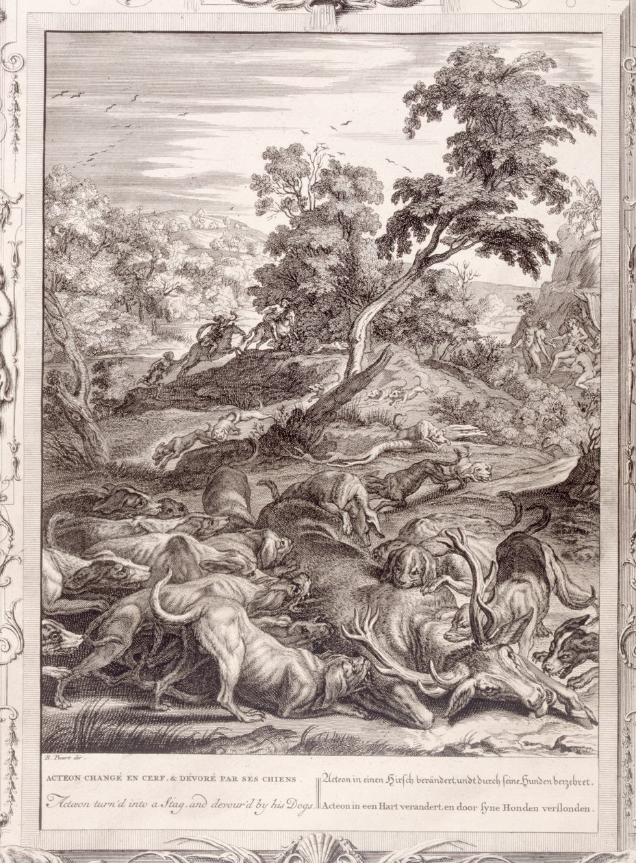 Akteon zamieniony w jelenia i pożarty przez swoje psy, 1731 autorstwa Bernard Picart