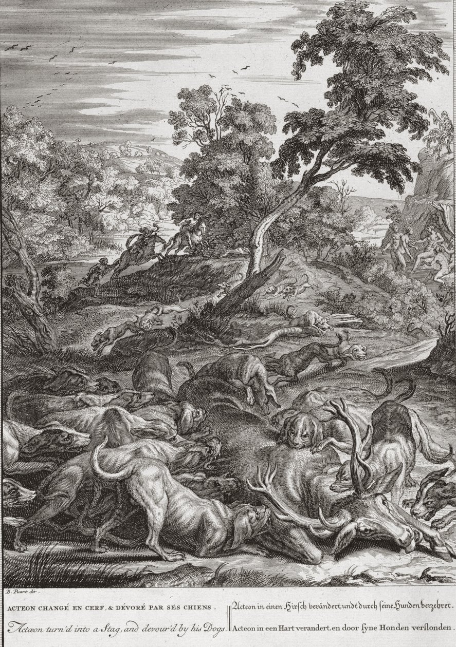 Akteon zamieniony w Jelenia i pożarty przez jego psy, 1731 autorstwa Bernard Picart
