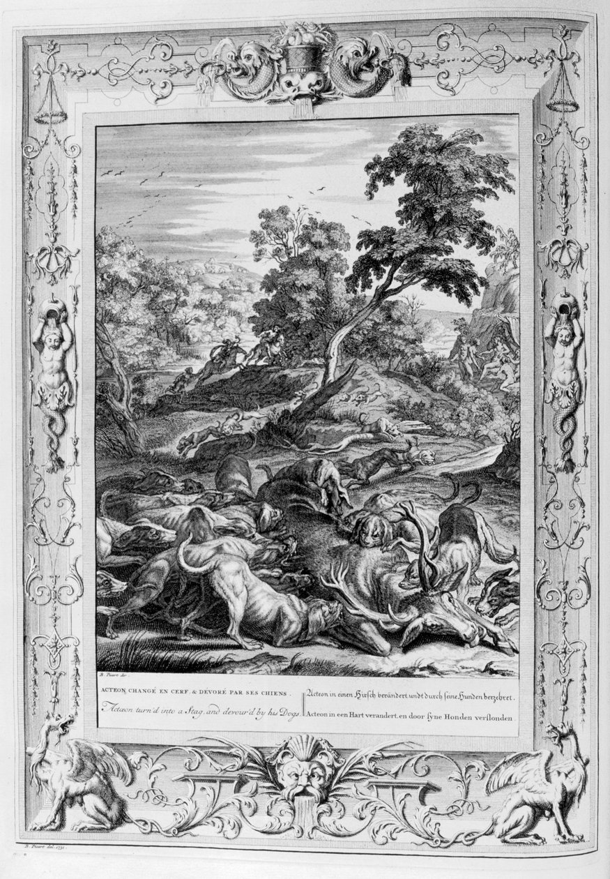 Akteon zamieniony w Jelenia i pożarty przez jego psy, 1733 autorstwa Bernard Picart