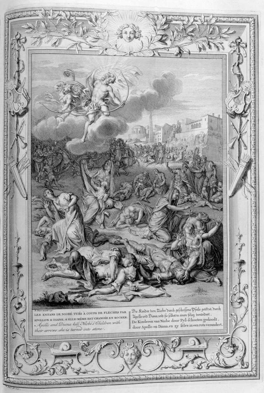 Apollo i Diana zabijają dzieci Niobe swoimi strzałami, 1733 autorstwa Bernard Picart