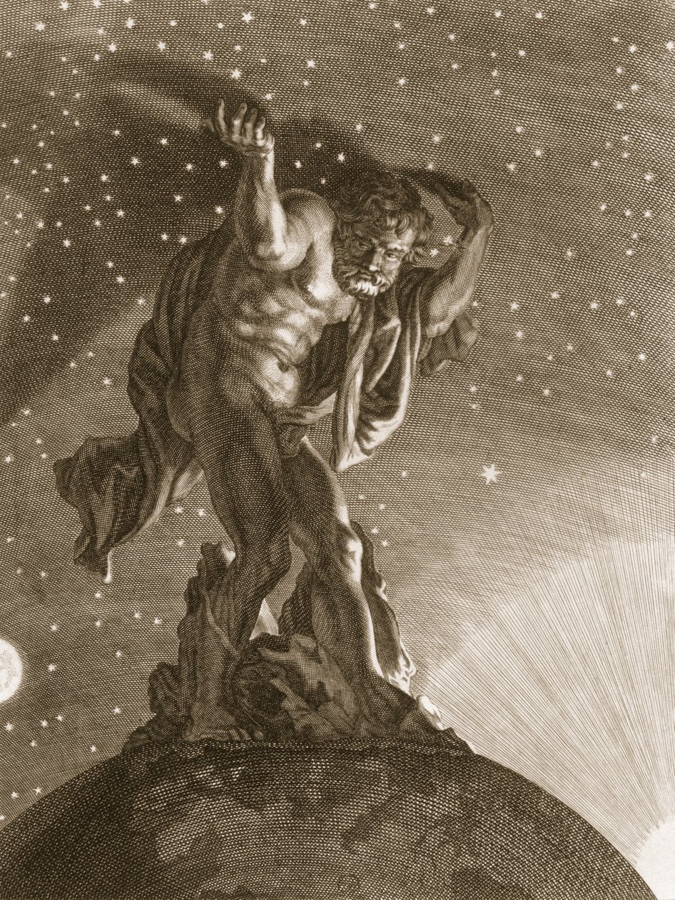 Atlas wspiera niebiosa na swoich barkach, 1731 autorstwa Bernard Picart