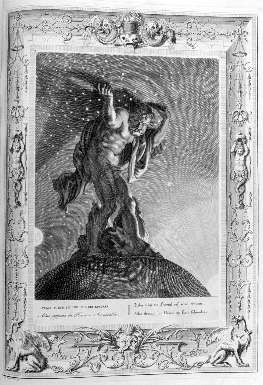 Atlas podpiera niebiosa na ramionach, 1733 autorstwa Bernard Picart