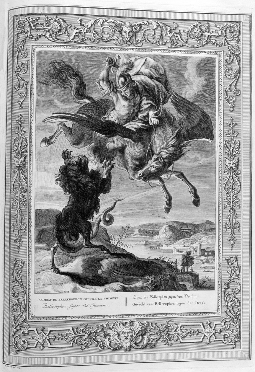 Chimera zabita przez Bellerophona (grawerowanie) autorstwa Bernard Picart