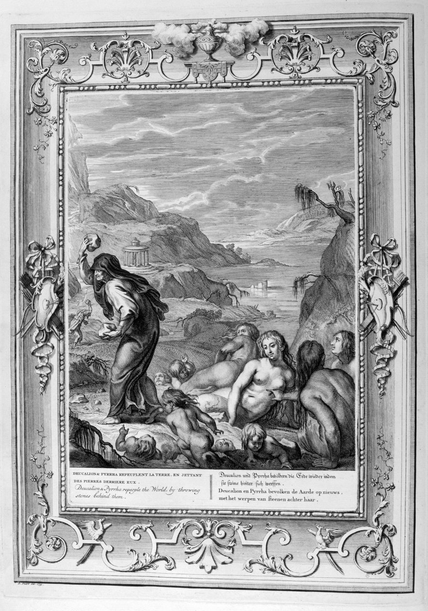 Deucalion przeżywa potop ze swoją żoną Pyrrą (rycina) autorstwa Bernard Picart