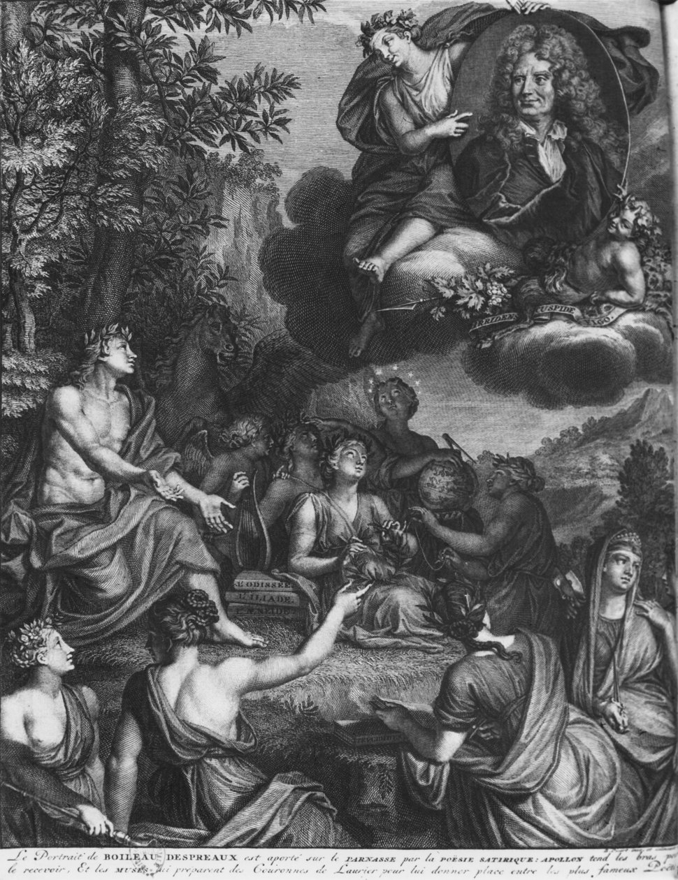 Frontispis do "Oeuvres" Nicolasa Boileau, znanego jako Boileau-Despreaux, triumf Boileau, wydany w 1718 r., Amsterdam autorstwa Bernard Picart