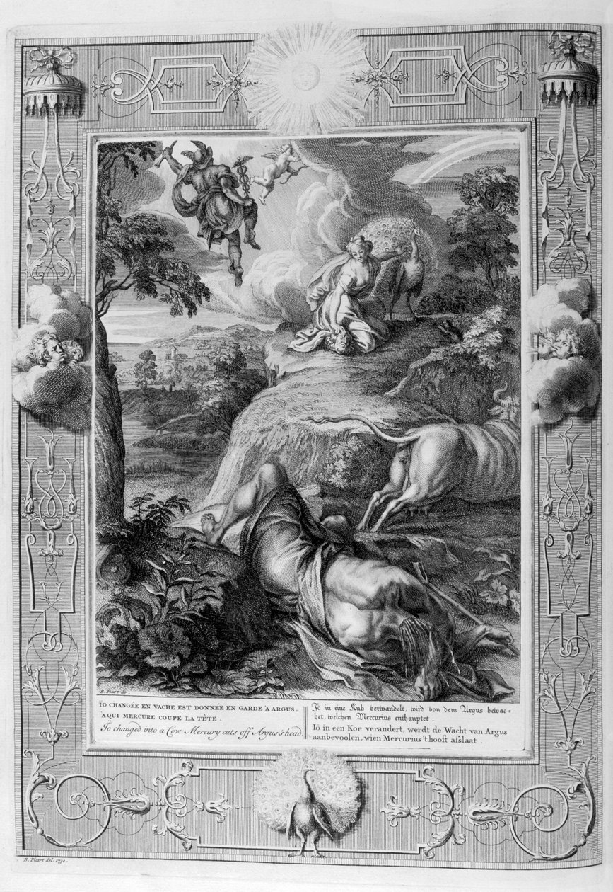 Io zamieniona w krowę: Merkury odcina głowę Argusowi, 1733 autorstwa Bernard Picart