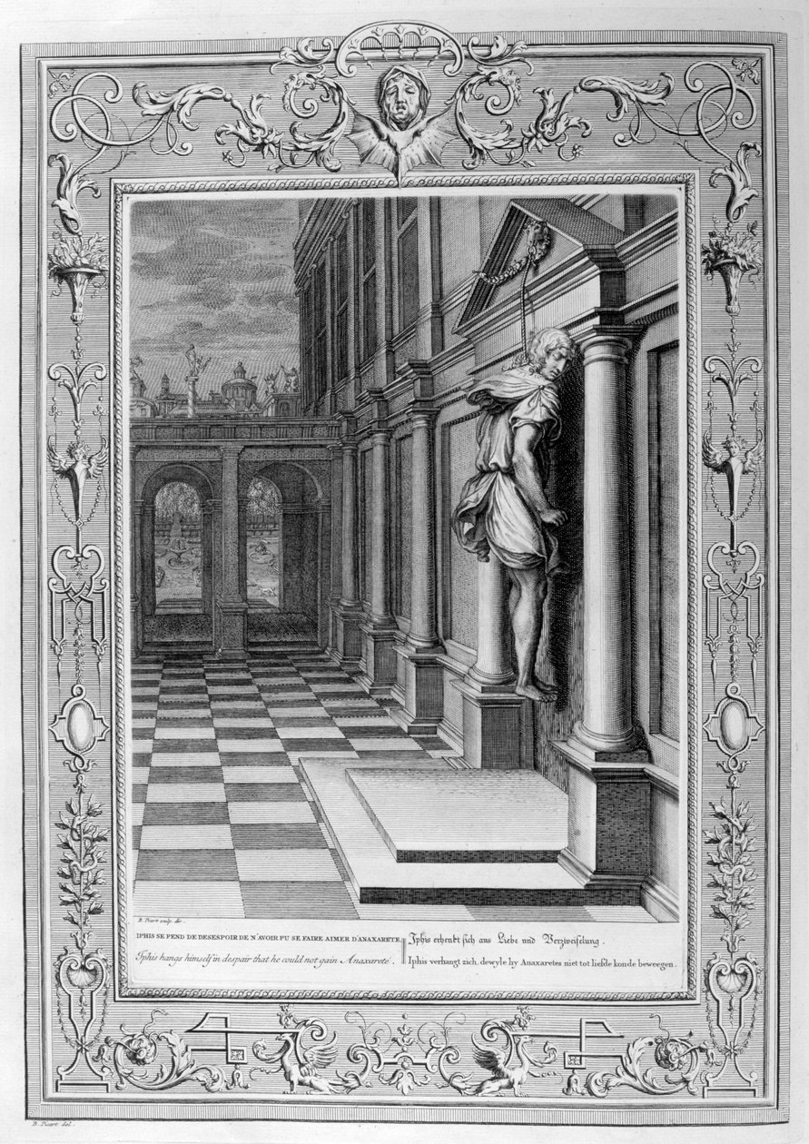 Iphis wiesza się w rozpaczy, że nie mógł zdobyć Anaxarete, 1733 autorstwa Bernard Picart