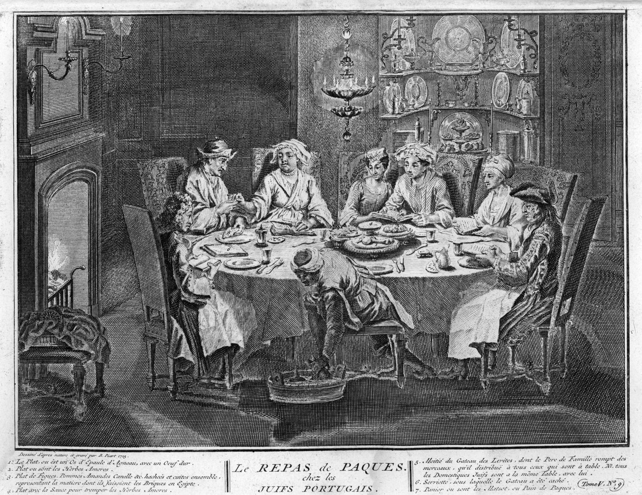 Judaizm: Święto Paschy (lub Pesach) w żydowskiej społeczności portugalskiej Rycina z „Illustration de ceremonies et custom religieuses de tous les peuples du monde” Bernarda Picarta (1723-1743) 1819 Kolekcja prywatna autorstwa Bernard Picart