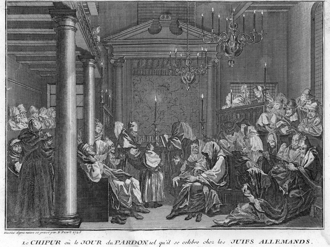 Judaizm: Święto Chipur wśród Żydów niemieckich (Jom Kippur, Dzień Pokuty dla narodu żydowskiego) Rycina z „Ilustracji ceremonii i zwyczajów religijnych wszystkich narodów świata” Bernarda Picarta (1723-1743) 1819 Kolekcja prywatna autorstwa Bernard Picart
