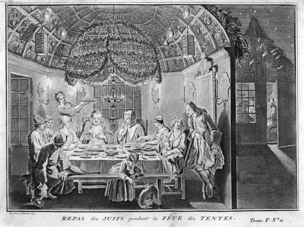 Judaizm: posiłek dla ludności żydowskiej podczas Sukkot (sukkot lub Sukkos) święto tabernakulów lub szałasów) Rycina z „Illustration de ceremonies et custom religieuses de tous les peuples du monde” Bernarda Picarta (1723-1743) 1819 Kolekcja prywatna autorstwa Bernard Picart