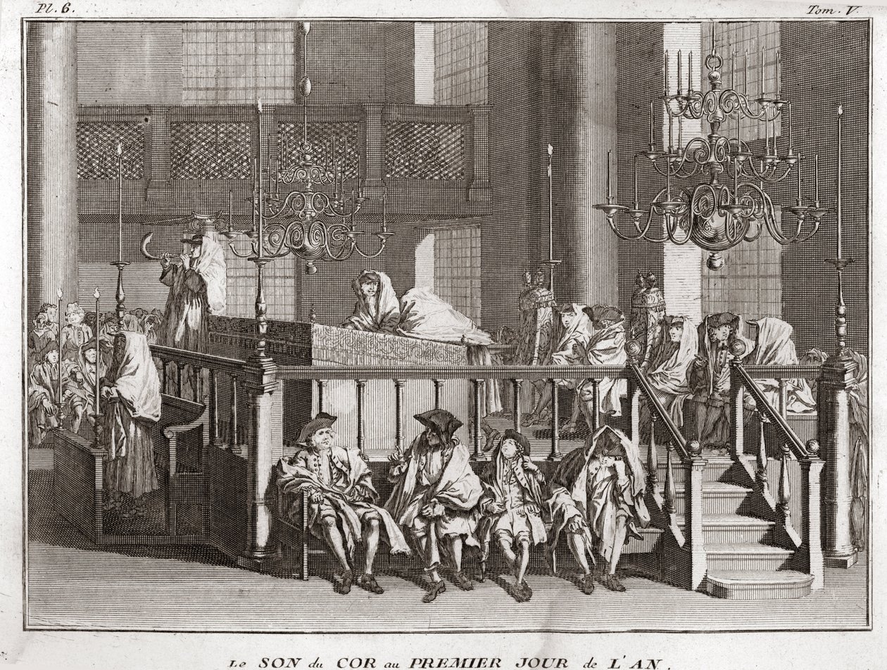 Judaizm: dźwięk rogu pierwszego dnia roku ((dźwięk schofar a Rosch ha-schana) (Święto Żydowskiego Nowego Roku: Dmuchanie w szofar w Rosz Haszana) Rycina z „” Ilustracja ceremonii religijnych i zwyczaje wszystkich narodów autorstwa Bernard Picart