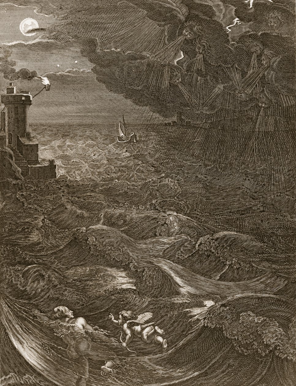 Leander płynie nad Hellespont, by spotkać swoją kochankę, bohaterkę, 1730 autorstwa Bernard Picart