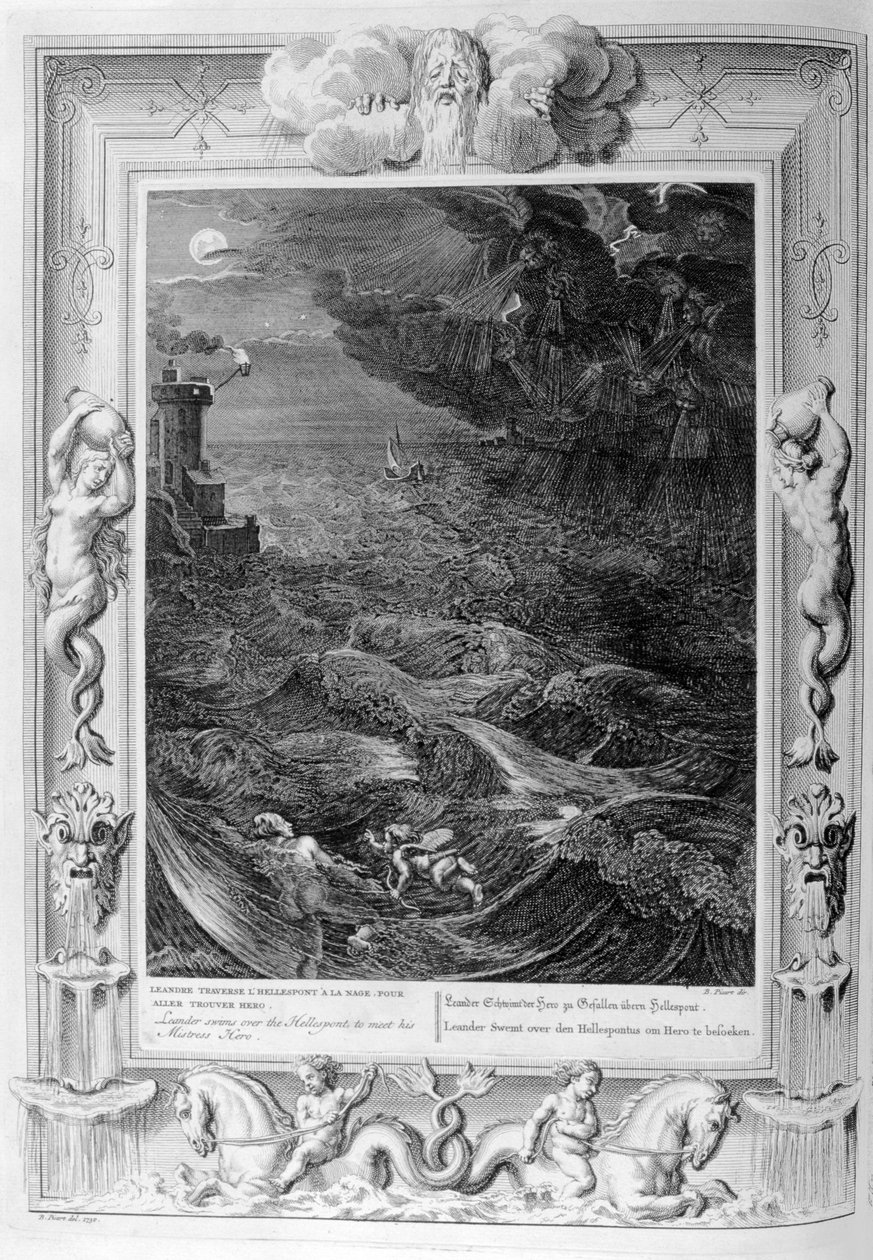 Leander płynie nad Hellespont, by spotkać swoją kochankę, bohaterkę, 1733 autorstwa Bernard Picart