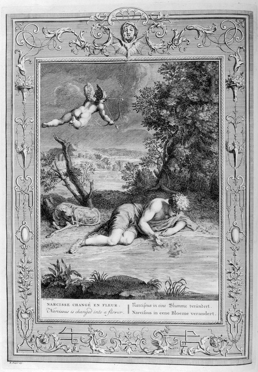 Narcyz zakochany we własnym odbiciu, 1733 autorstwa Bernard Picart