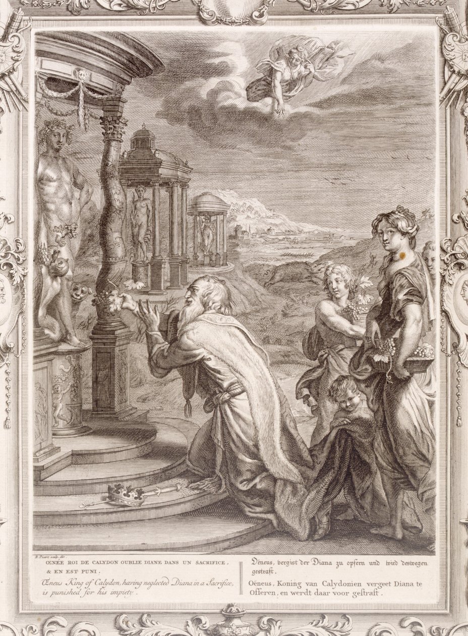 Ojneus, król Calydon, za zaniedbanie Diany w ofierze zostaje ukarany za swoją bezbożność, 1731 autorstwa Bernard Picart