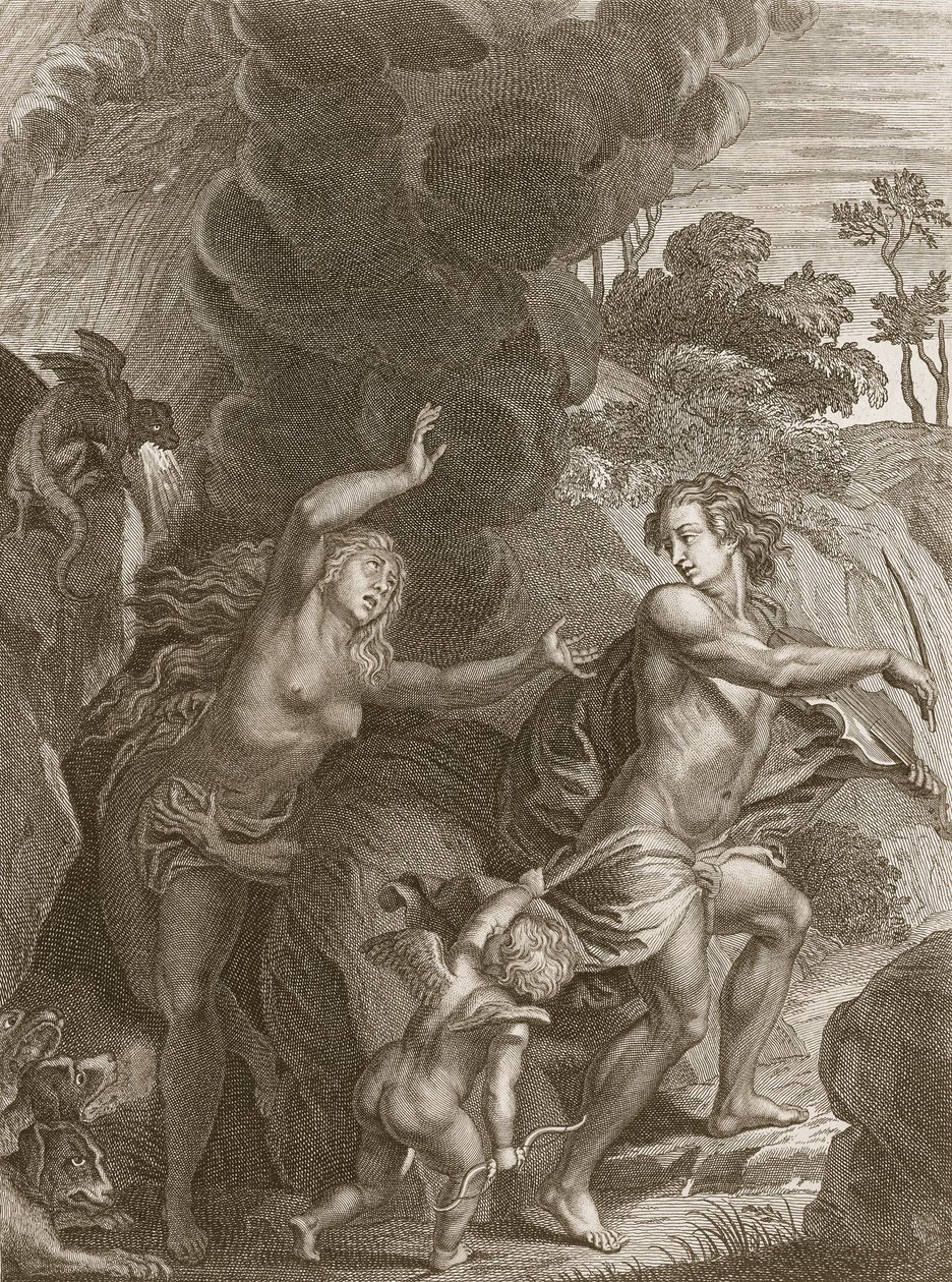 Orfeusz, wyprowadzający Eurydykę z piekła, patrzy na nią i traci ją na zawsze, 1731 autorstwa Bernard Picart