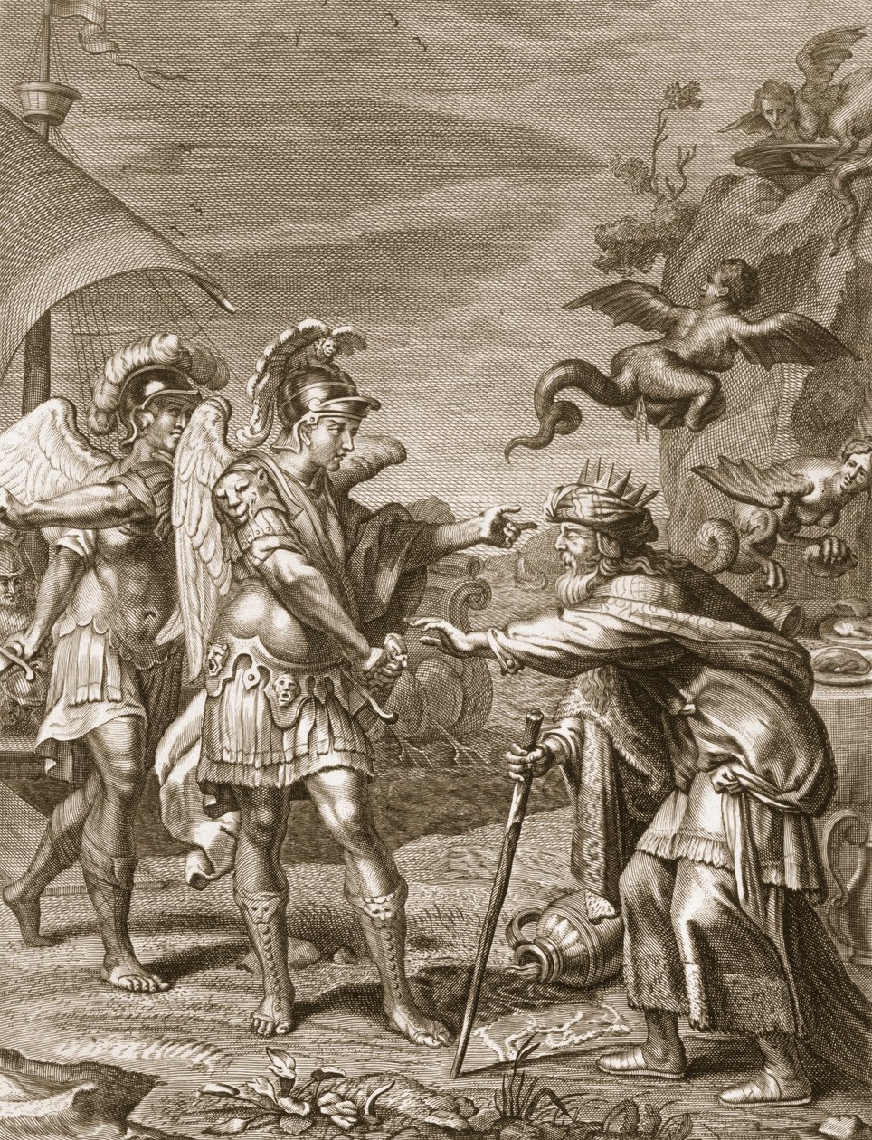 Phineus zostaje uwolniony z harpii przez Calaisa i Zetesa, 1731 autorstwa Bernard Picart