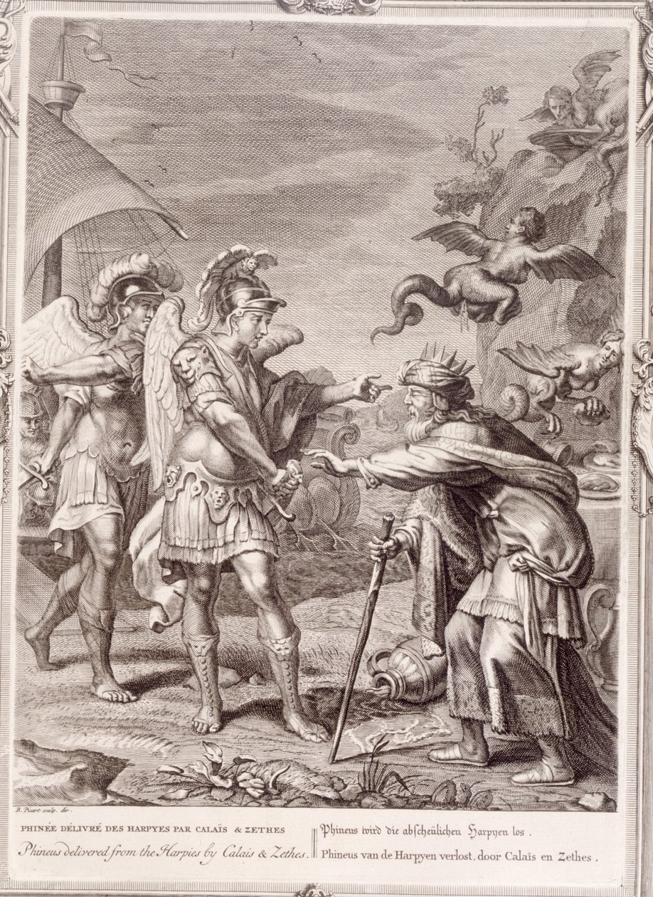 Phineus zostaje uwolniony z harpii przez Calaisa i Zetesa, 1731 autorstwa Bernard Picart