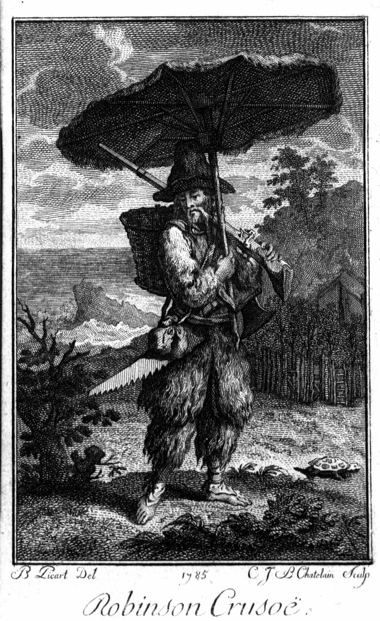 Reprezentacja Robinsona Crusoe na jego pustyni na wyspie. Grawer Bernarda Picarta (1673-1733) ilustrujący powieść Daniela Defoe lub De Foe (1660-1731) autorstwa Bernard Picart