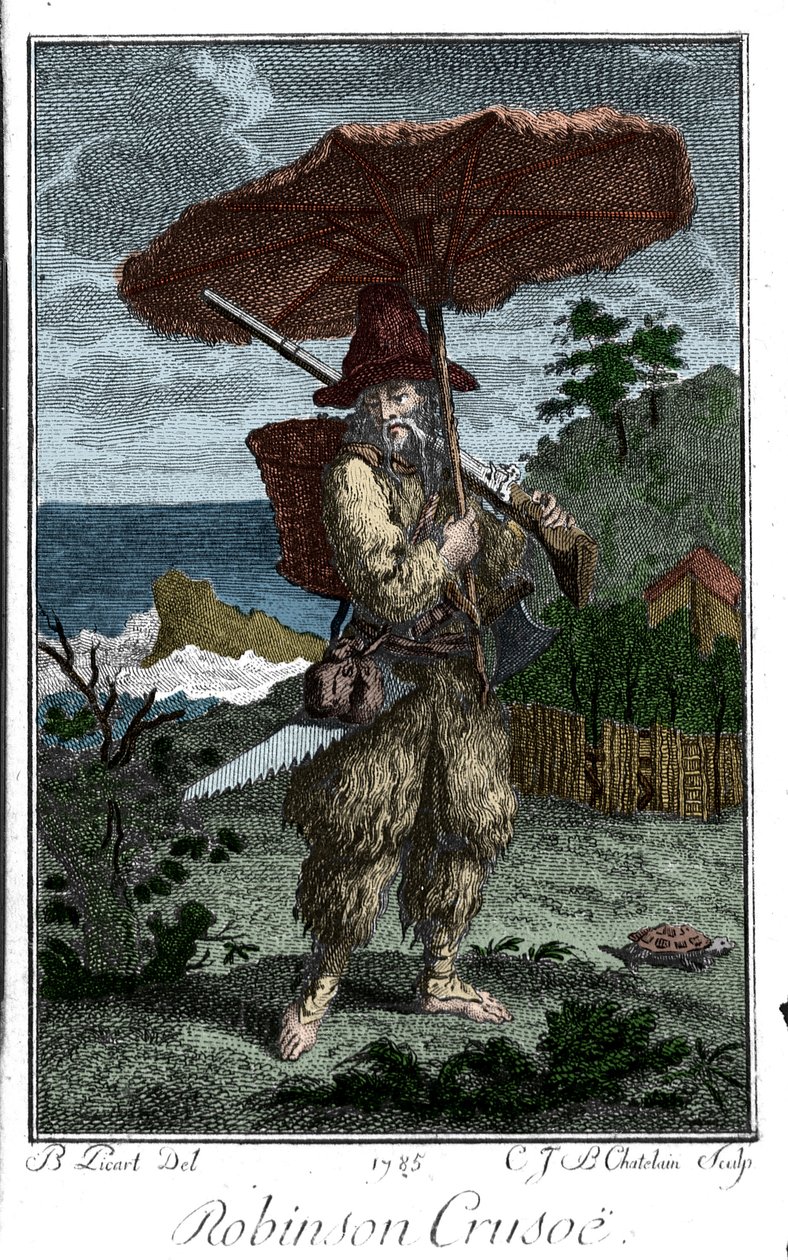Reprezentacja Robinsona Crusoe na jego pustyni na wyspie. Grawer Bernarda Picarta (1673-1733) ilustrujący powieść Daniela Defoe lub De Foe (1660-1731) autorstwa Bernard Picart