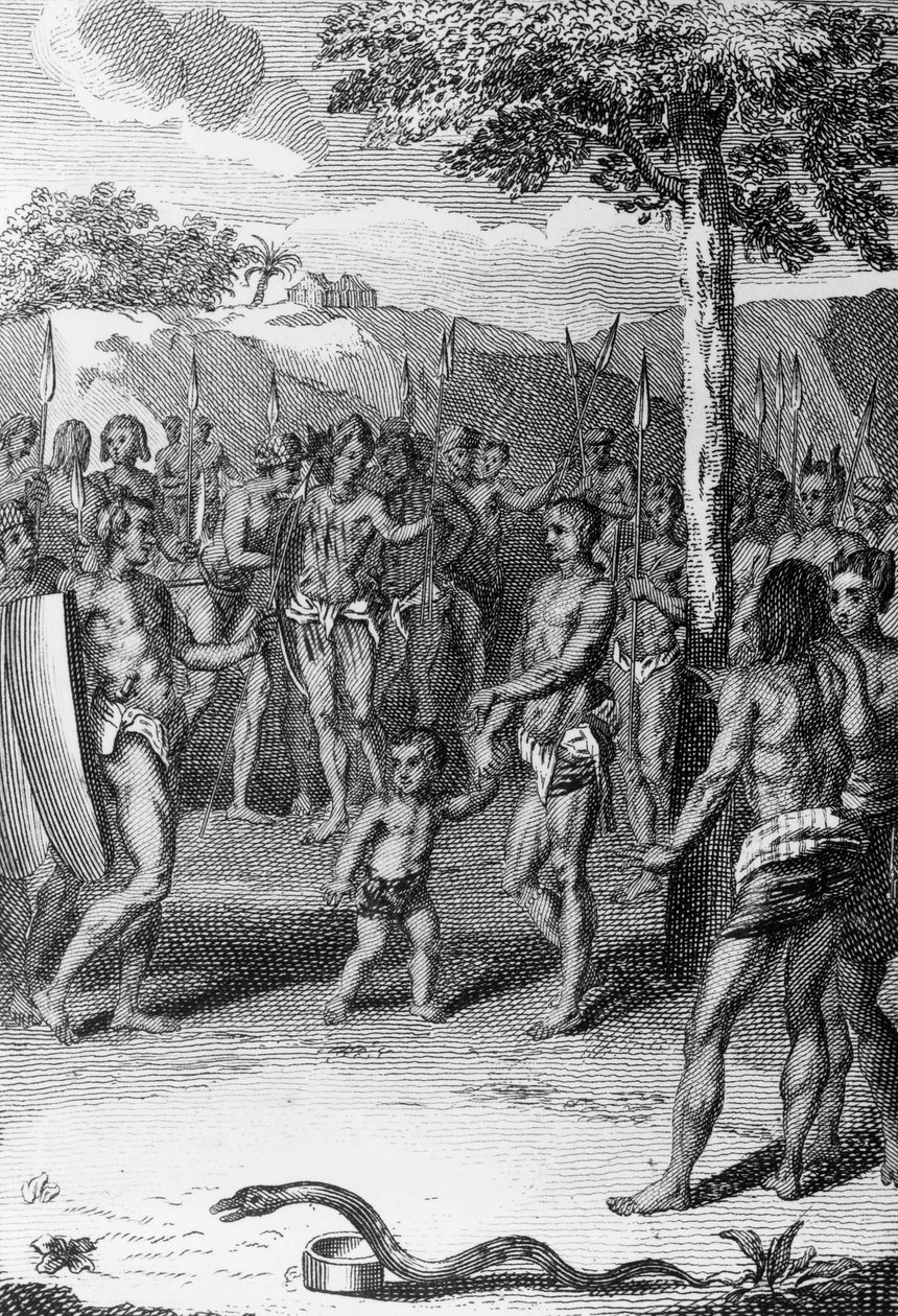Rytualna ceremonia, z wężem na pierwszym planie, Gwinea, z Histoire Generale des Ceremonies, moeurs, et coutumes religiousness de tous les peuples du monde, autorstwa Antoine Banier (1673-1741) i Jean Baptiste Le Mascrier (1697-1760) autorstwa Bernard Picart