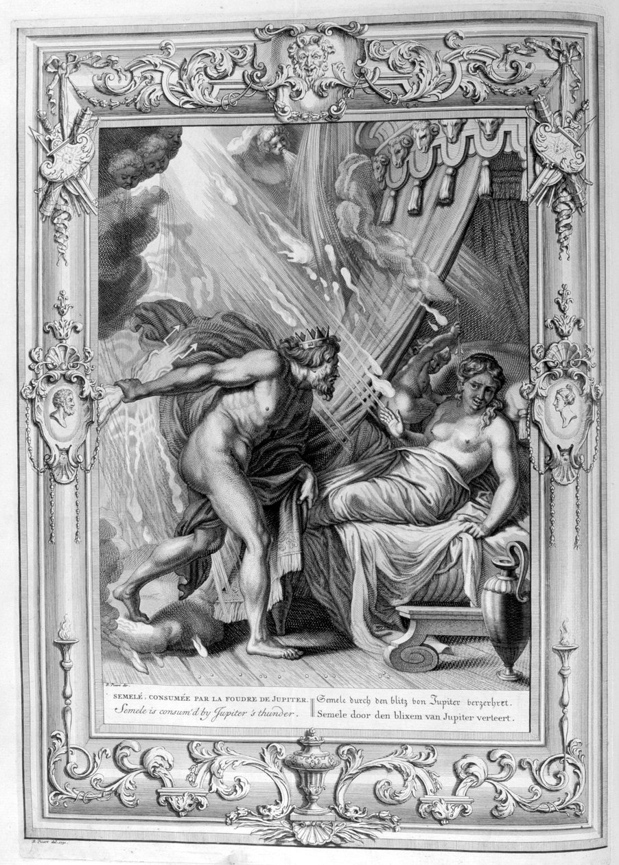Semele zostaje pochłonięty przez ogień Jowisza, 1733 autorstwa Bernard Picart