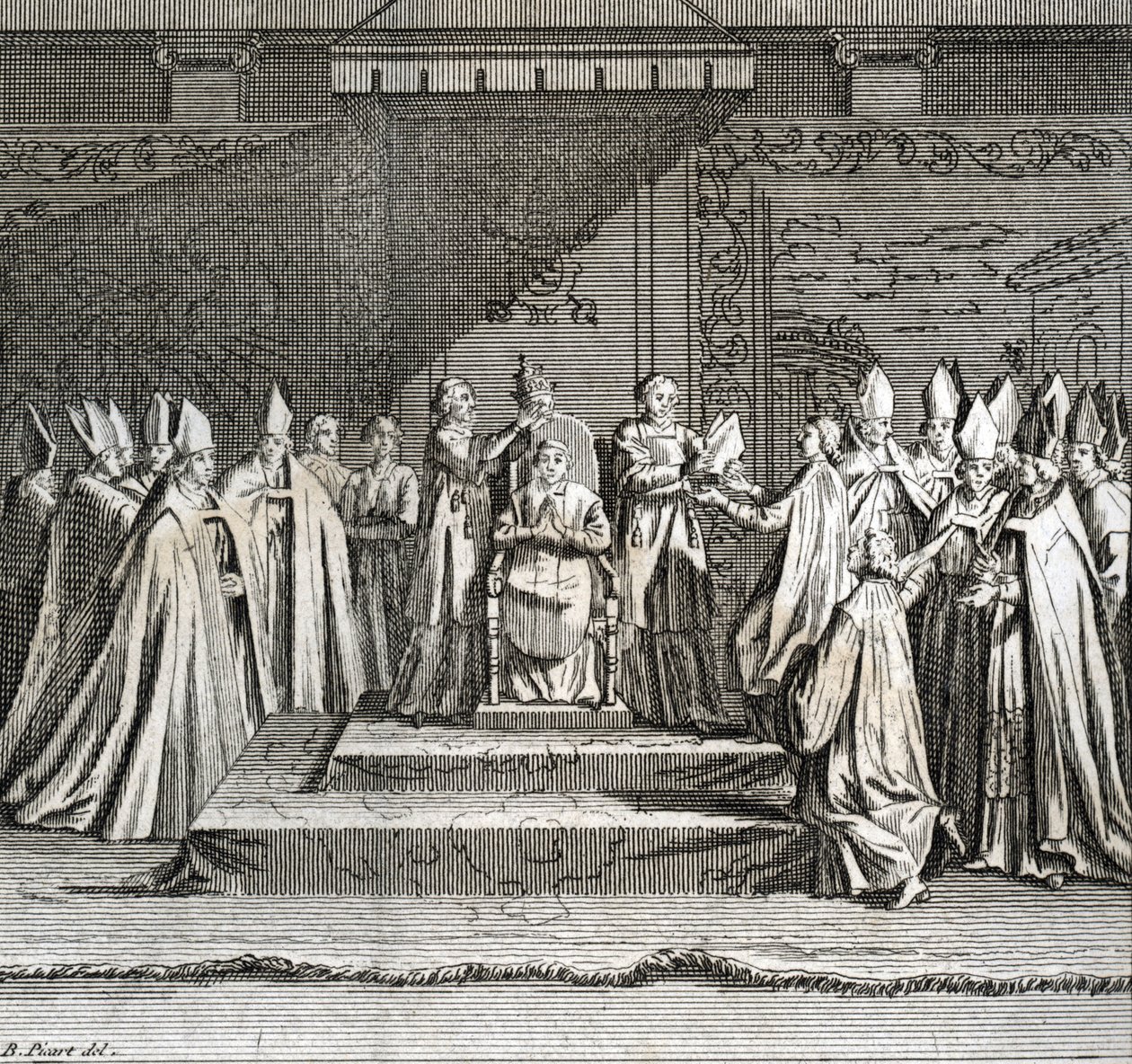 Uroczysta inauguracja pontyfikatu „Representation du coronation du Pope” (inauguracja papieska: koronacja papieża) Rycina z „Ilustracja obrzędów i zwyczajów religijnych wszystkich narodów świata” autorstwa Bernarda Picarta (1723-1743) autorstwa Bernard Picart