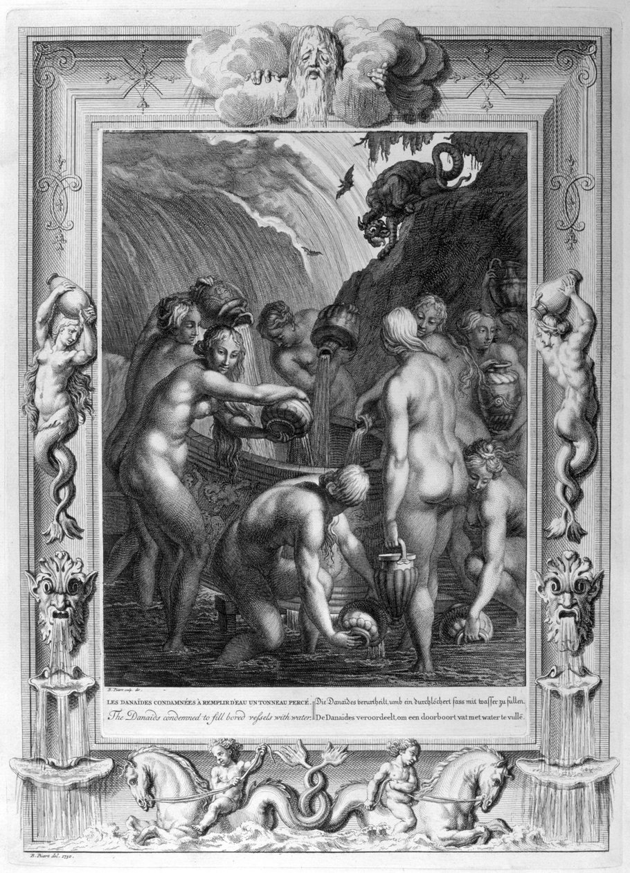 Danaidowie skazani za napełnianie perforowanych naczyń wodą, 1733 r. autorstwa Bernard Picart