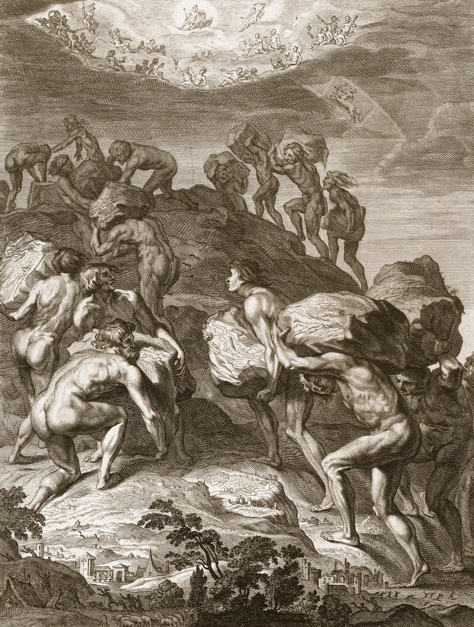 Giganci próbują wspiąć się na niebo, nakładając góry na drugie, 1731 autorstwa Bernard Picart