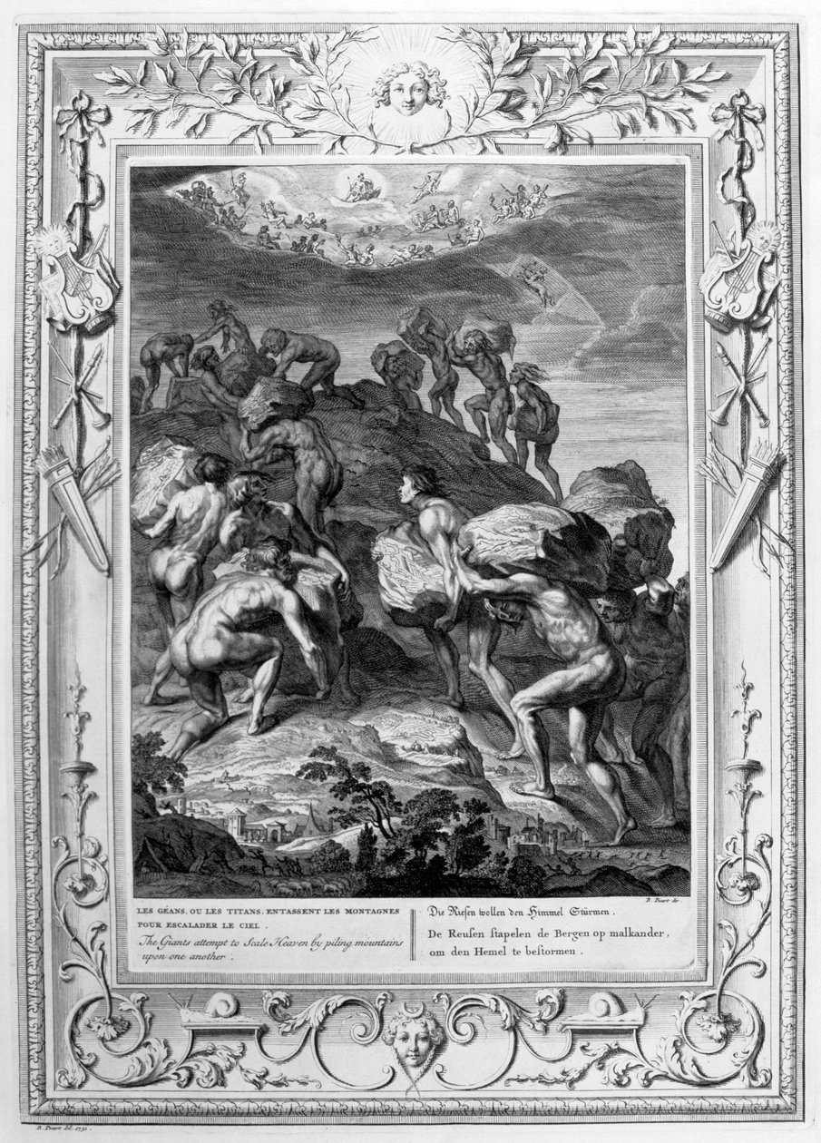 Giganci próbują wspiąć się na Niebo, układając góry jeden na drugim, 1733 autorstwa Bernard Picart