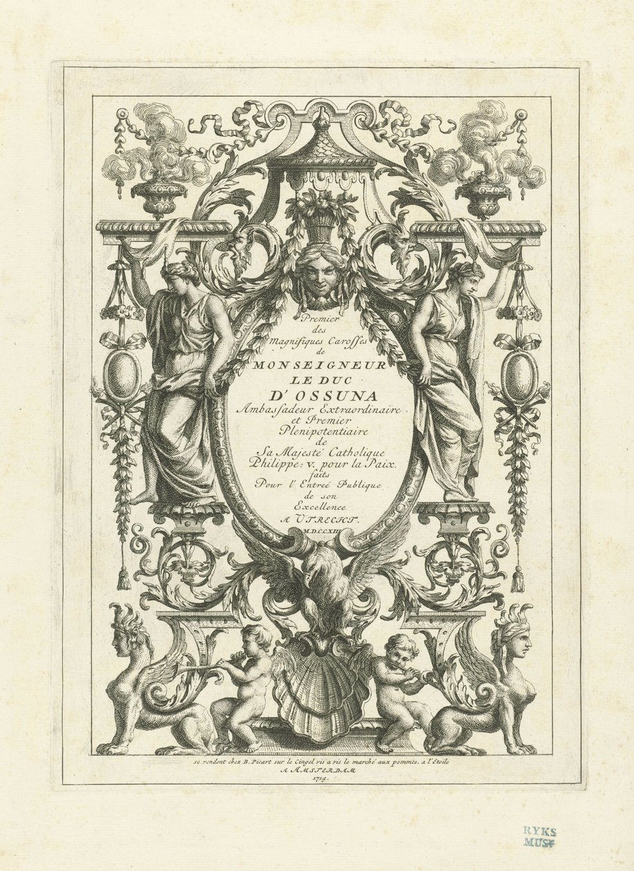 Strona tytułowa do serii płyt przedstawiających karetę państwową księcia Osuny, 1713 autorstwa Bernard Picart