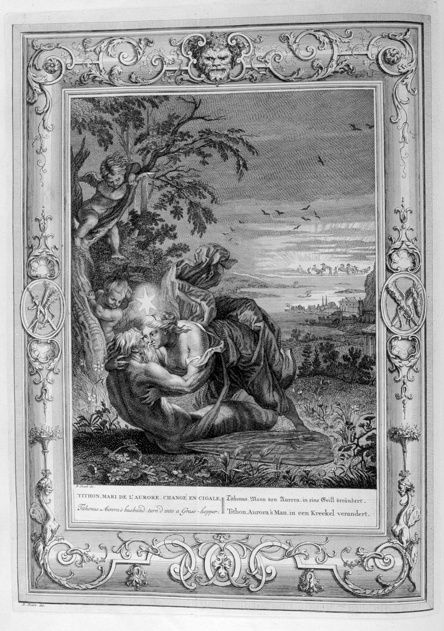 Titonus, mąż zorzy, zamieniony w pasikonika, 1733 autorstwa Bernard Picart