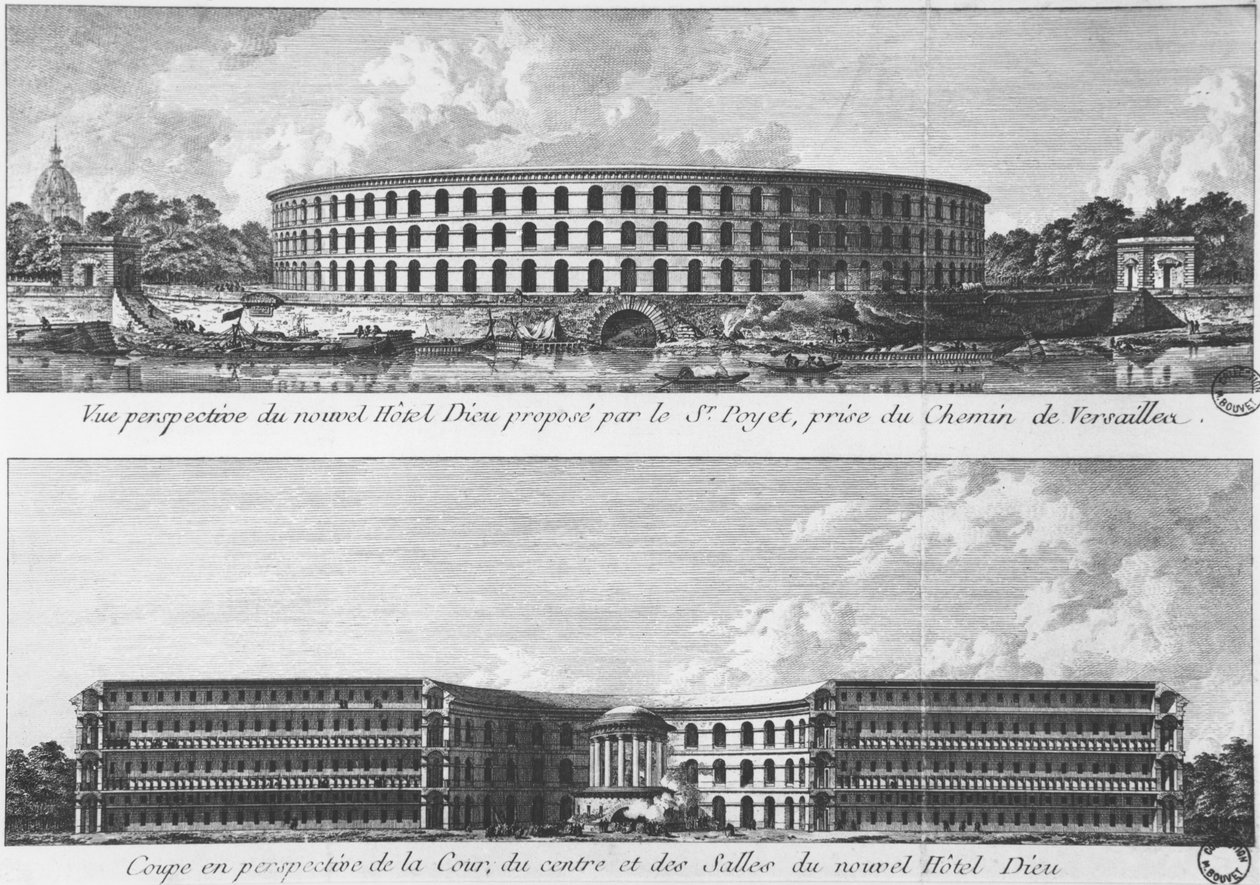 Projekt przeniesienia nowego Hotel-Dieu na Ile aux Cygnes, Paryż, ok. 1787 (zdjęcie bw) autorstwa Bernard Poyet