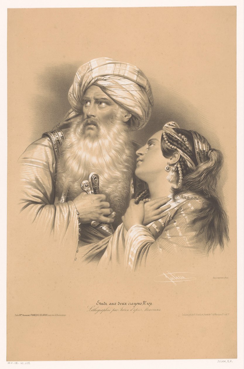Mężczyzna w turbanie i płacząca kobieta Studia w dwóch rodzajach kredy (tytuł serii) Kredki Etude aux deux (tytuł serii na obiekcie) autorstwa Bernard Romain Julien