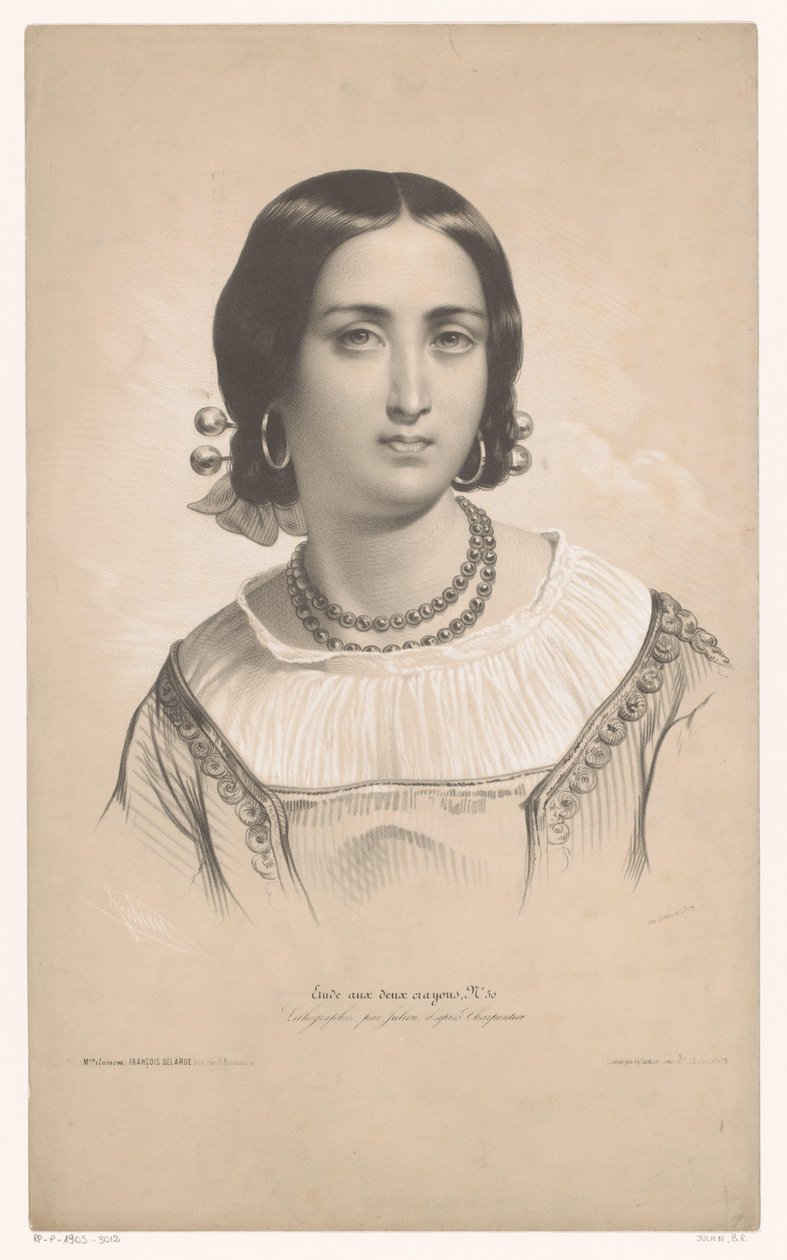 Portret kobiety w stroju regionalnym Studia w dwóch rodzajach kredy (tytuł serii) Kredki Etude aux deux (tytuł serii na obiekcie) autorstwa Bernard Romain Julien