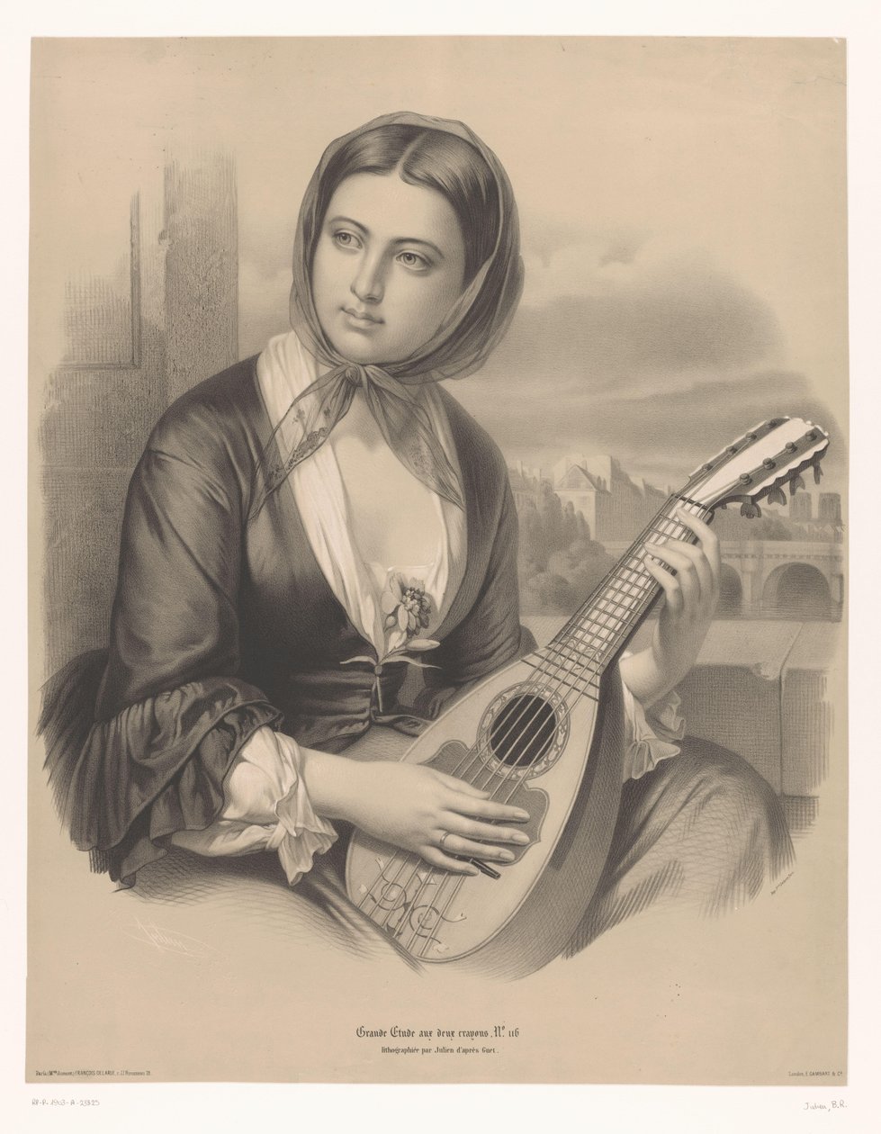 Kobieta grająca na mandolinie Duże opracowania w dwóch rodzajach kredy (tytuł serii) Grande etude aux deux kredki (tytuł serii na obiekcie) autorstwa Bernard Romain Julien
