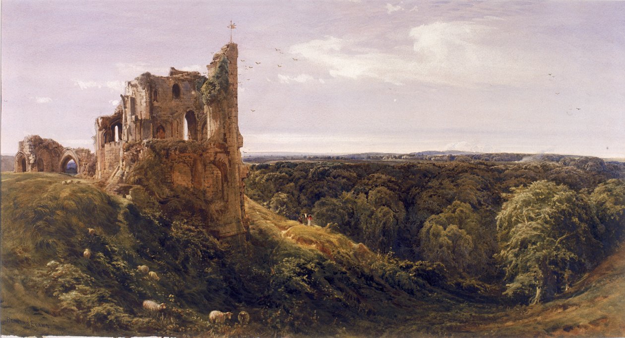 Zrujnowany zamek w krajobrazie (zamek Knaresborough) (akwarela na papierze) autorstwa Bernard Walter Evans