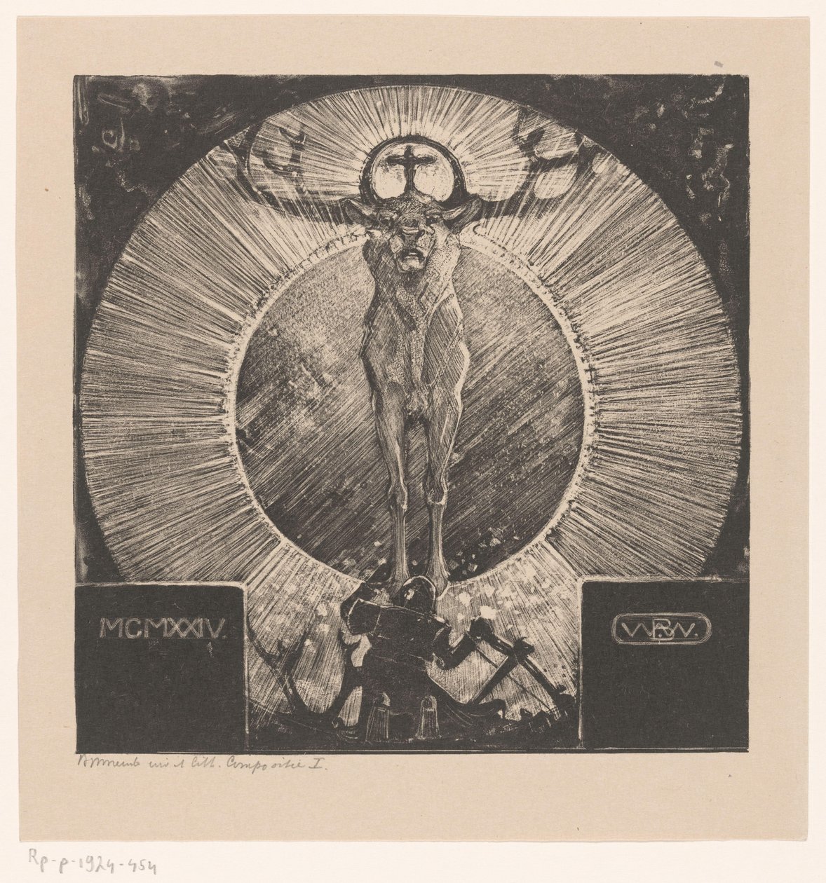 Figurka przedstawiająca wygląd jelenia Wizja św. Huberta (Kompozycja I) (tytuł oryginalny) autorstwa Bernard Willem Wierink (signed by artist)