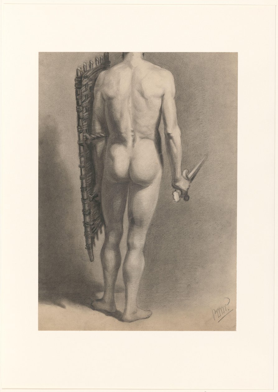 Akt męski z mieczem i tarczą, widziany z tyłu autorstwa Bernard Willem Wierink (signed by artist)