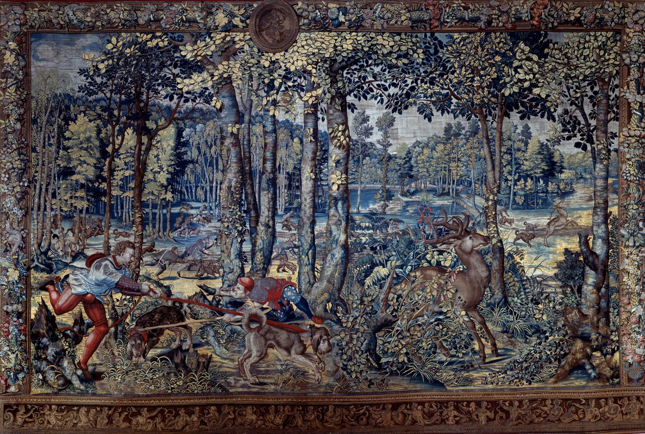 Zawieszenie polowań Maksymiliana znanego jako „Piękne polowania Guise”: August, Dziewica, Polowanie na jelenie, wylęgarnie - Gobelin Bernarda van Orleya (Barend, Barent, Bernaert van Brussel autorstwa Bernard van (after) Orley