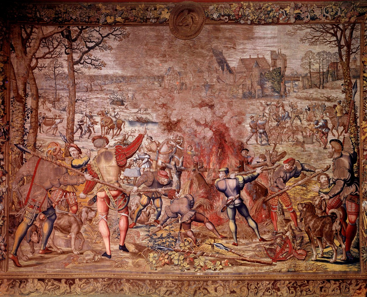 Polowania Maksymiliena zwane „Pięknymi polowaniami Guise”: miesiąc styczeń, Wodnik, polowanie na dziki, flambee, cure - Gobelin wykonany w warsztatach flamandzkich przez Bernarda van Orleya (Barend, Barent, Bernaert van Brussel autorstwa Bernard van (after) Orley
