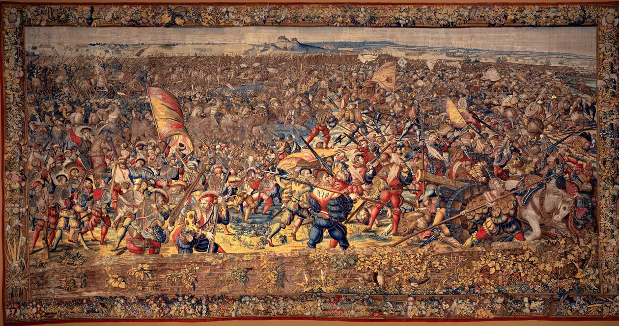 Bitwa pod Pawią: Klęska francuskiej kawalerii i przejęcie artylerii wroga przez cesarską piechotę autorstwa Bernard van & Dermoyen Willem (active 1520-1530s) Orley